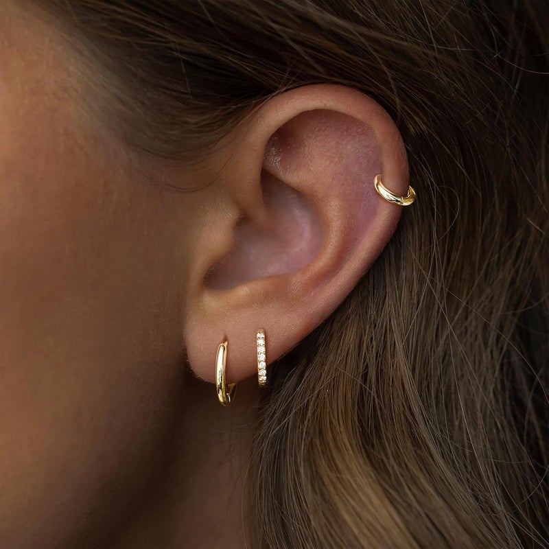 Poxtex Small Sterling Silver Huggie Hoop Earrings Set for Women, Hypoallergenic 14K Gold Plated Hoops Stacks for Multiple Piercings, Dainty Cute Mini Lightweight Cartilage Studs Trendy Jewelry Gift - Image 5